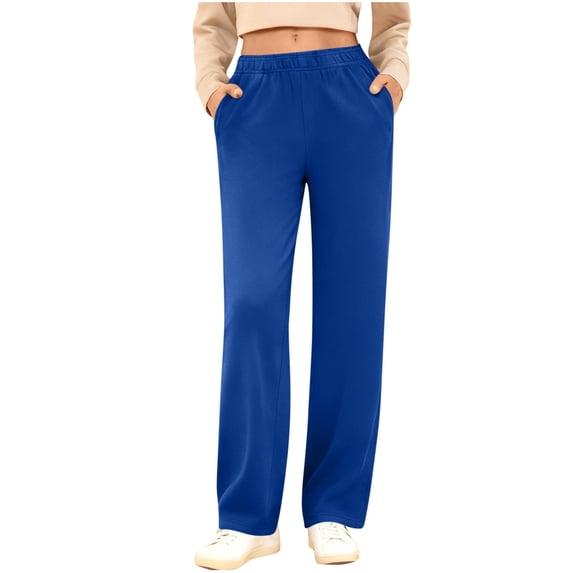 Qgtaibl Womens Elastic Waist Joggers Solid Color Straight Leg Sweatpants with Pockets Thin Fleece High Rise Fall Loose Fit Workout Trousers Blue L