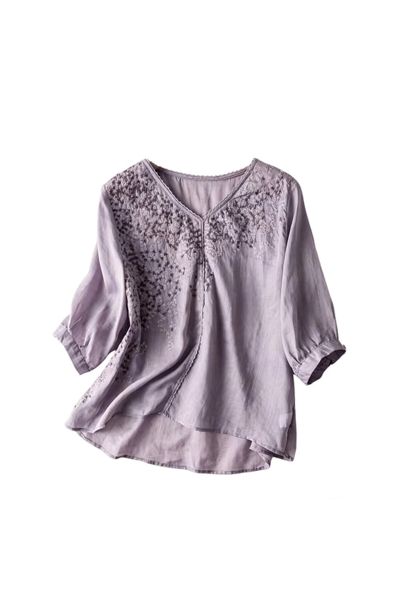 Womens Embroidered Blouse Summer Cotton Linen Gauze Lightweight Flowy Tops Cusual Loose Fit V Neck 3/4 Sleeve Shirts Purple M