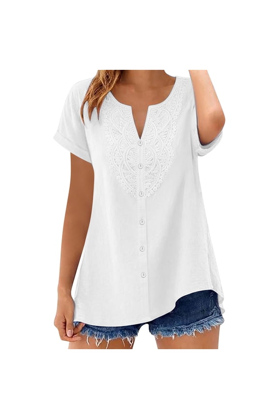 Womens Embroidered Blouse Summer Short Sleeve V Neck Button Down Shirt Causal Comfy Loose Fit Work Tops White XXL