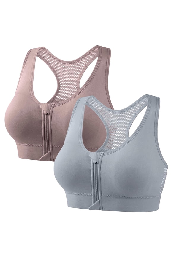 Womens Full Coverage Plus Size Sports Bra Front Zip Racerback Light Padded Workout Bralette Wide Strap Yoga Fitness Support Bra for Daily Exercise 2 Pack Dark Gray S