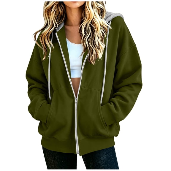 Qgtaibl Womens Full Zip Hooded Jackets Fall Fleece Thermal Long Sleeve Contrast Hoodies Oversized Casual Sweatshirt Outerwear with Pockets Army Green XL