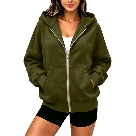 Qgtaibl Womens Full Zip Hooded Sweatshirts Oversized Solid Color Sweatshirt Jackets Fleece Thermal Fall Hoodie Coat Army Green S