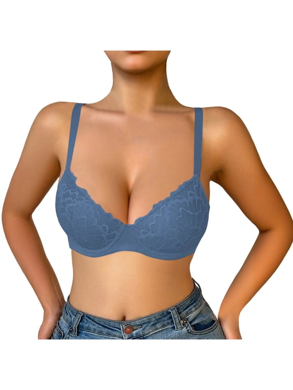 Womens Half Cup Bras Lace Overlay No Underwire Push Up Bralette Adjustable Straps Back Closure Light Support Elegant Bra Blue XXL