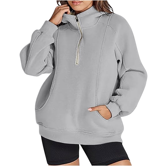 Qgtaibl Womens Half Zip Hooded Sweatshirts Stand Collar Drop Shoulder Long Sleeve Pullovers Soft Lightweight Outdoor Athletic Hoodies Gray L