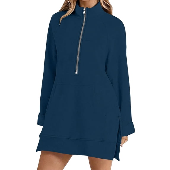 Qgtaibl Womens Half Zip Tunic Sweatshirts Kangaroo Pocket Long Sleeve Split Hem Tops Oversized Casual Mini Pullover Dress Navy XL