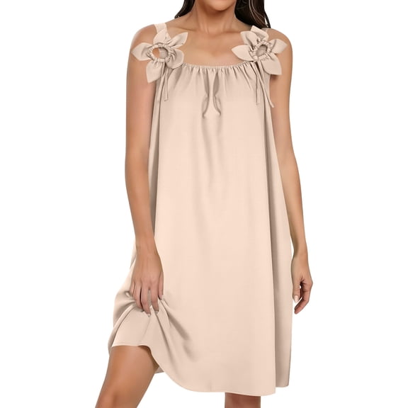 Qgtaibl Womens Hanging Neck Dress Round Neck Sleeveless Floral Shape Dress Solid Color Basic Dresses Loose Fit Pleated Midi Dress Summer Soft Comfy Beach Dress Beige XXL