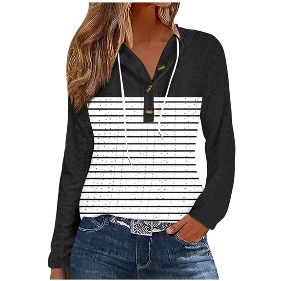 Qgtaibl Womens Henley Hooded Sweatshirts Striped Color Block Drawstring Hoodies Eyelet Long Sleeve V Neck Button Daily Shirts Black S