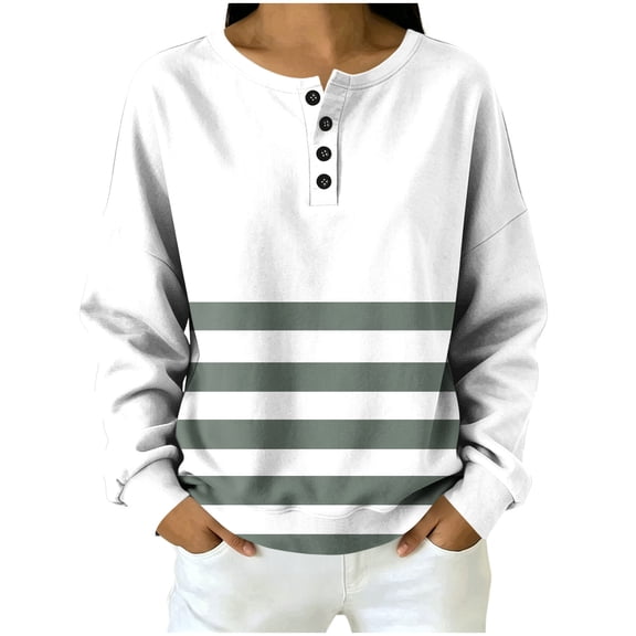 Qgtaibl Womens Henley Striped Sweatshirts Button Round Neck Long Sleeve Pullovers Loose Fit Comfy Daily Blouses for Fall Work School Gray M