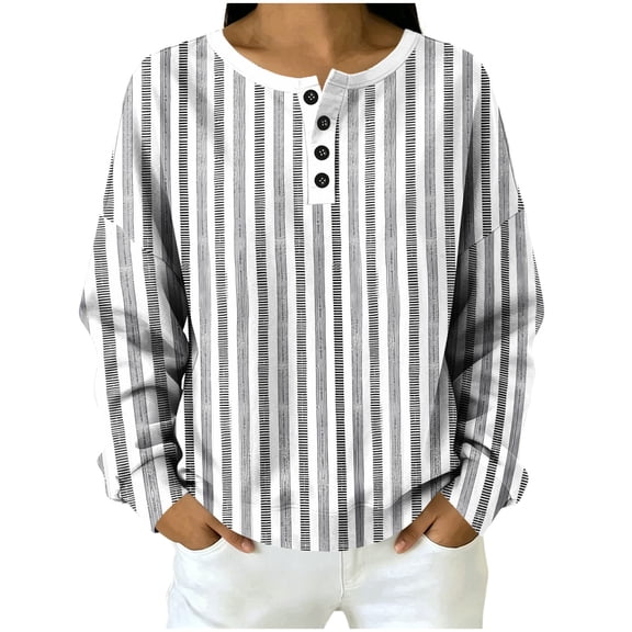 Qgtaibl Womens Henley Sweatshirt Button Crew Neck Stripe Lounge Blouse Oversized Drop Shoulder Long Sleeve Daily Pullover Tops Gray S
