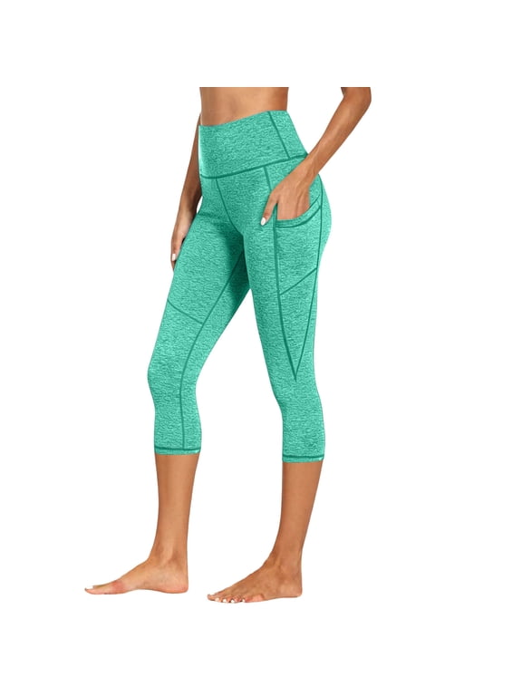 Womens High Rise Capri Leggings Butt Lifting Tummy Control Workout Running Cropped Tights Heathered Soft Stretch Fabric Yoga Pants with Pockets Mint Green M
