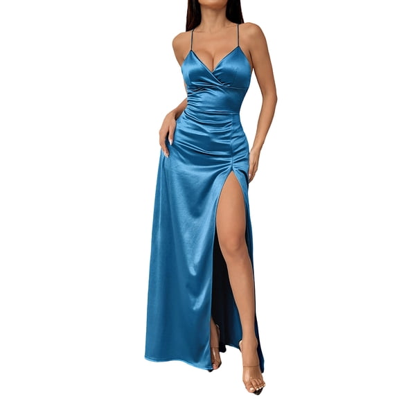 Qgtaibl Womens High Split Evening Dress Solid Color Tummy Control Spaghetti Straps Dress Fashion Satin V Neck Flowy Backless Dress Cocktail Party Maxi Dresses Blue XS