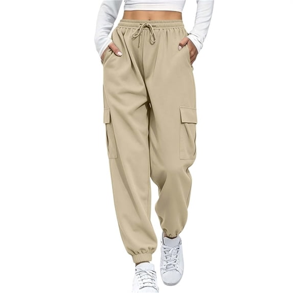 Qgtaibl Womens High Waisted Cargo Joggers Elastic Drawstring Waist Casual Tapered Pants Loose Fit Lightweight Sweatpants with Pockets for Hiking Travel Khaki S