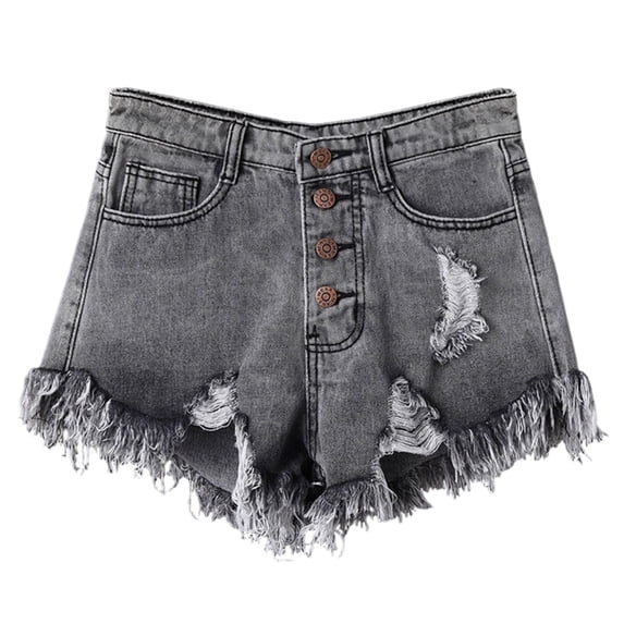 Qgtaibl Womens High Waisted Denim Shorts Casual Button Hem Ripped Jean Shorts Summer Loose Fit Plus Size Distressed Jorts with Pockets Gray L