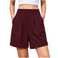 thumbnail image 1 of Qgtaibl Womens High Waisted Pleated Bermuda Shorts Rolled Hem Wide Leg Casual Shorts with Pockets Solid Color Loose Fit Work Office Shorts Zc_Wine M, 1 of 7