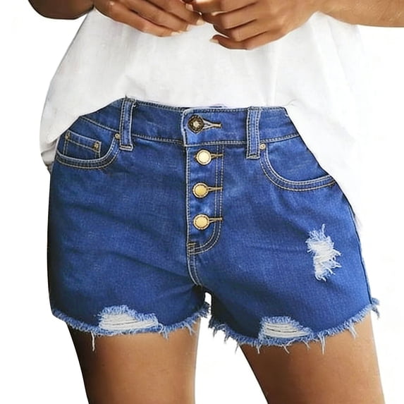 Qgtaibl Womens High Waisted Stretchy Denim Shorts Trendy Button Fly Ripped Hem Jorts Summer Casual Mini Jean Shorts with Pockets Blue M