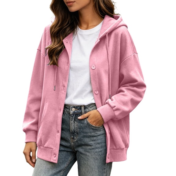 Qgtaibl Womens Hooded Cardigan Sweatshirts Long Sleeve Button Down Drawstring Hoodie Jackets Solid Color Loose Fit Daily Fall Outerwear Pink XXL