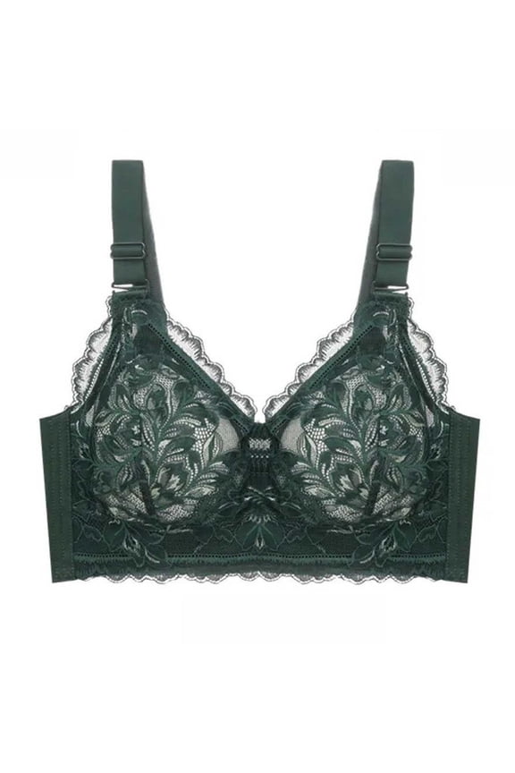 Womens Lace Full Support Bra Floral Embroidered Wirefree Comfort Bralette Wide Adjustable Straps Back Hooks Daily Bras Green 36