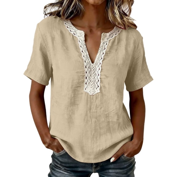 Qgtaibl Womens Lace Trim Blouses Casual Cotton Linen V Neck Short Sleeve Tops Summer Loose Fit Lightweight Lounge Shirts Khaki XXXL