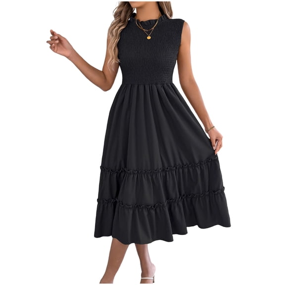 Qgtaibl Womens Layered Pleate Sundress Sleeveless Round Neck Lounge Maxi Dress Solid Color Stretch Tummy Control Tunic Dress Summer Lightweight Flowy Beach Dresses Black M