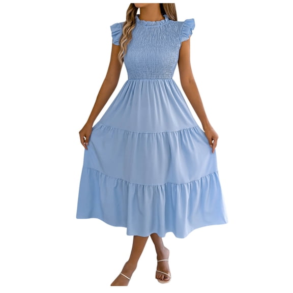Qgtaibl Womens Layered Pleated Dress Crew Neck Ruffled Sleeve Sundress Solid Color Stretch High Waist Tunic Dress Summer Lightweight Flowy Long Dresses Blue L
