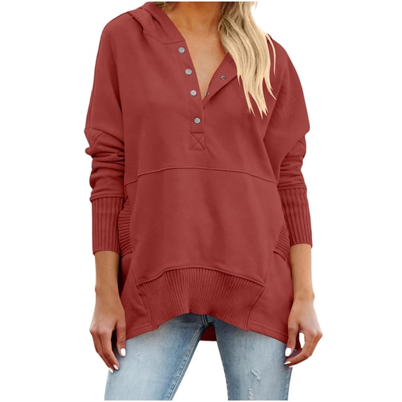 Qgtaibl Womens Long Sleeve Hooded Sweatshirts Button V Neck Henley Hoodies Loose Fit Casual Fall Pullovers Wine XL