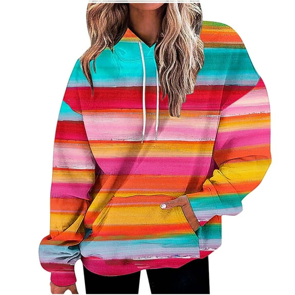 Qgtaibl Womens Long Sleeve Hoodies Fashion Rainbow Gradient Striped Hooded Sweatshirts Drawstring Kangaroo Pocket Casual Pullover Tops C_Multicolor L