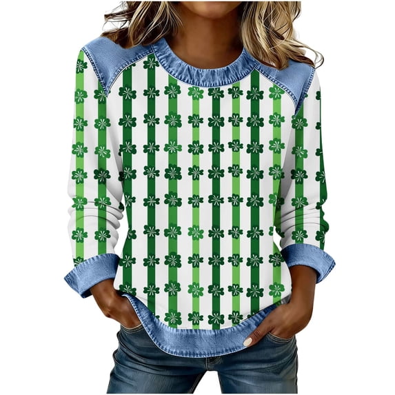 Qgtaibl Womens Long Sleeve Plaid Shirts Denim Patchwork Crew Neck Tunic Tops Loose Fit Comfy Daily Blouse A Green L