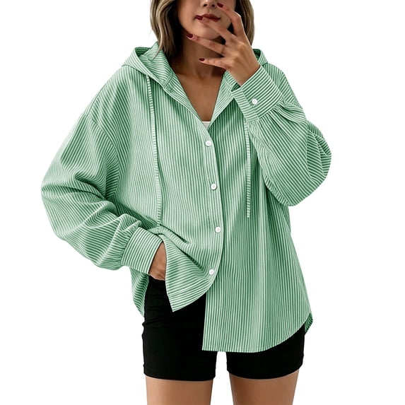 Qgtaibl Womens Long Sleeve Striped Shirts Oversized Button Down Drawstring Hoodies Lightweight Breathable Fall Tunic Tops Army Green XL