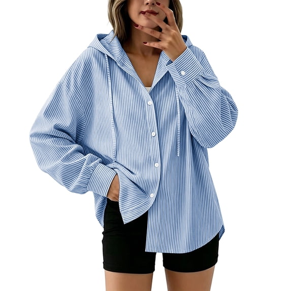 Qgtaibl Womens Long Sleeve Striped Shirts Oversized Button Down Drawstring Hoodies Lightweight Breathable Fall Tunic Tops Blue S