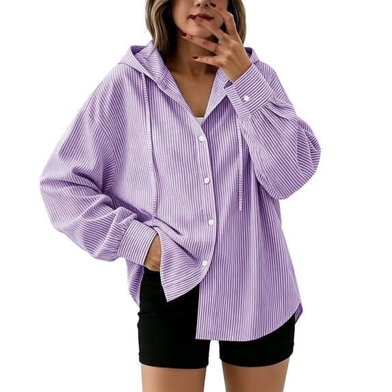 Qgtaibl Womens Long Sleeve Striped Shirts Oversized Button Down Drawstring Hoodies Lightweight Breathable Fall Tunic Tops Purple L