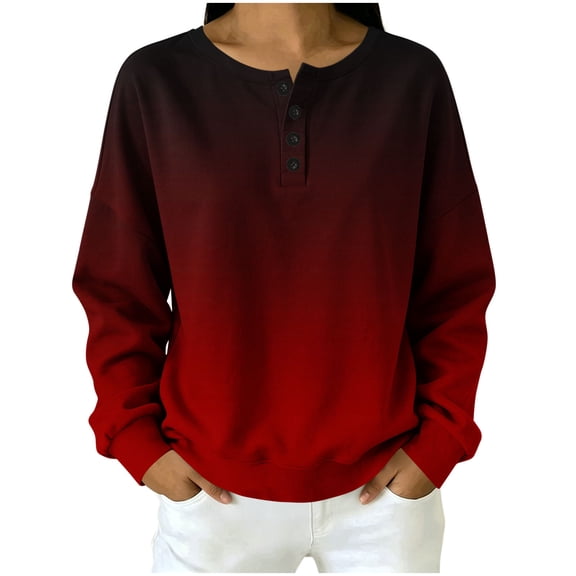 Qgtaibl Womens Long Sleeve Sweatshirts Gradient Color Half Button Henley Tops Loose Fit Crewneck Casual Pullover Shirts Wine L