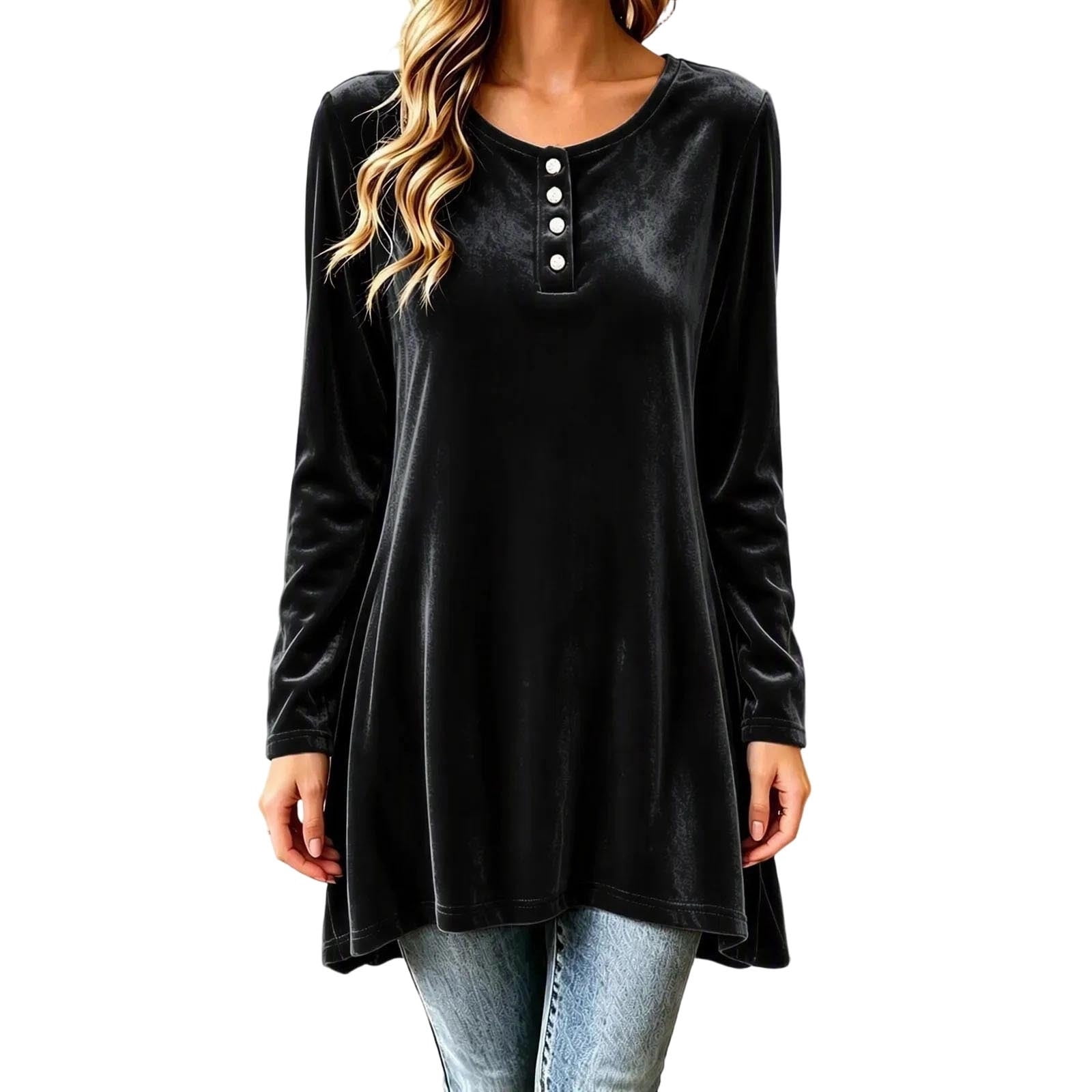 Qgtaibl Womens Long Sleeve Tunic Tops Soft Velvet Round Neck Partial ...