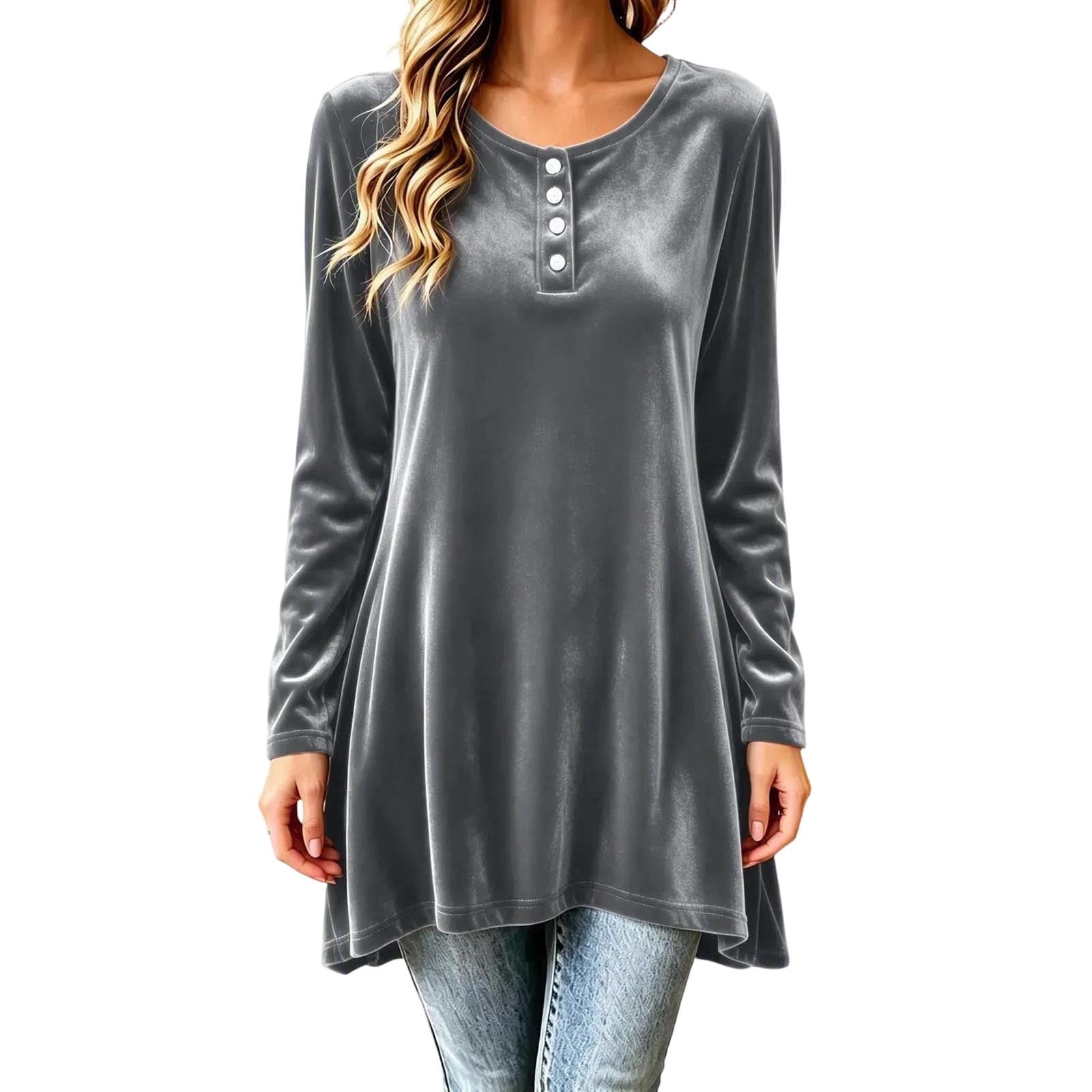 Qgtaibl Womens Long Sleeve Tunic Tops Soft Velvet Round Neck Partial ...