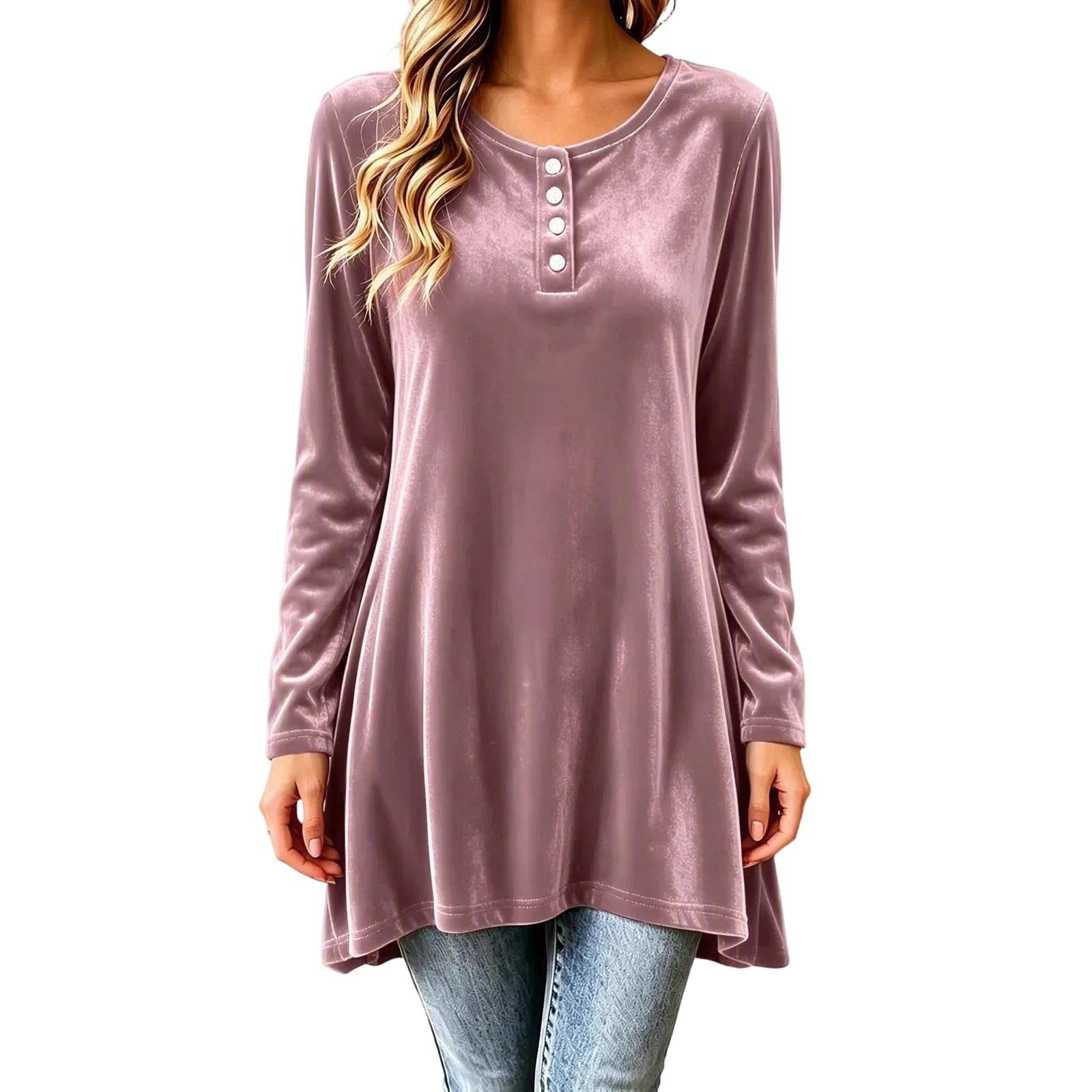 Qgtaibl Womens Long Sleeve Tunic Tops Soft Velvet Round Neck Partial ...