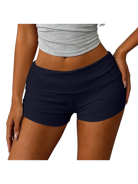 Womens Mini Shorts Trendy Fold Over Tummy Control Stretchy Shorts Casual Tight Workout Shorts for Bike Yoga Running Navy S