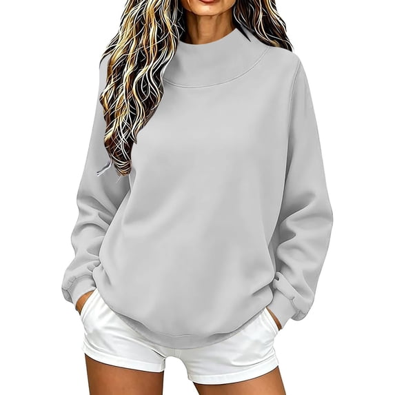 Qgtaibl Womens Mock Neck Sweatshirts Solid Color Fleece Long Sleeve Lounge Tops Loose Fit Comfy Fall Pullover Shirt Gray M