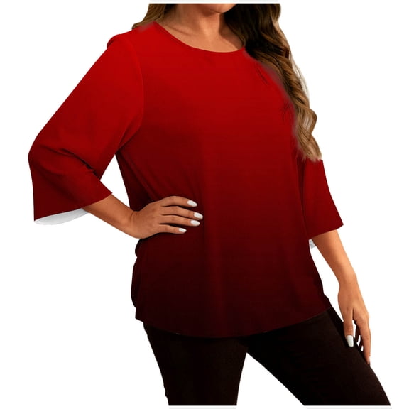 Qgtaibl Womens Oversized 3/4 Sleeve Blouses Round Neck 3/4 Sleeve Gradient Color Shirts Loose Fit Breathable Tunic Tops for Daily Wear Wine XXXL