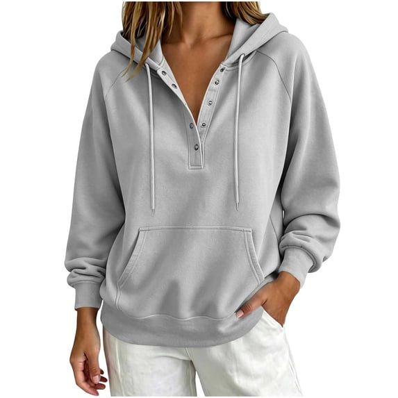Qgtaibl Womens Oversized Sweatshirts Button V Neck Raglan Long Sleeve Casual Hoodies Drawstring Kangaroo Pocket Pullover Tops Gray S