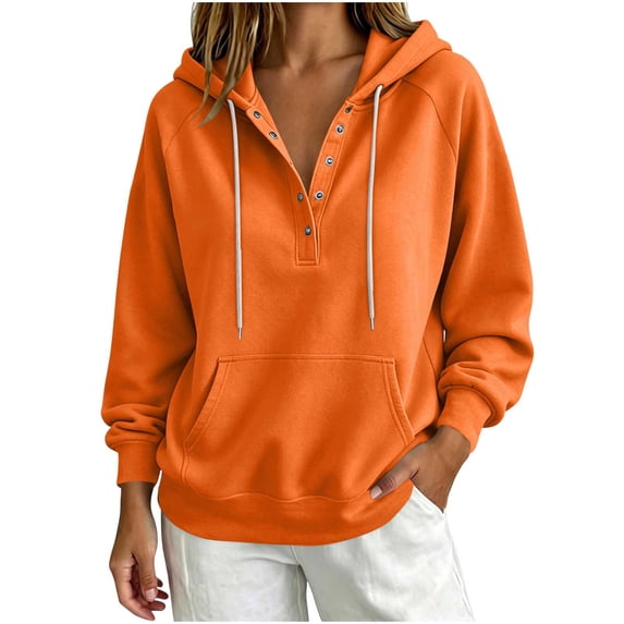 Qgtaibl Womens Oversized Sweatshirts Button V Neck Raglan Long Sleeve Casual Hoodies Drawstring Kangaroo Pocket Pullover Tops Orange XL