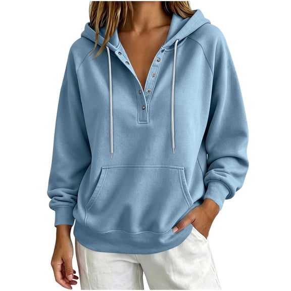 Qgtaibl Womens Oversized Sweatshirts Button V Neck Raglan Long Sleeve Casual Hoodies Drawstring Kangaroo Pocket Pullover Tops Sky Blue S