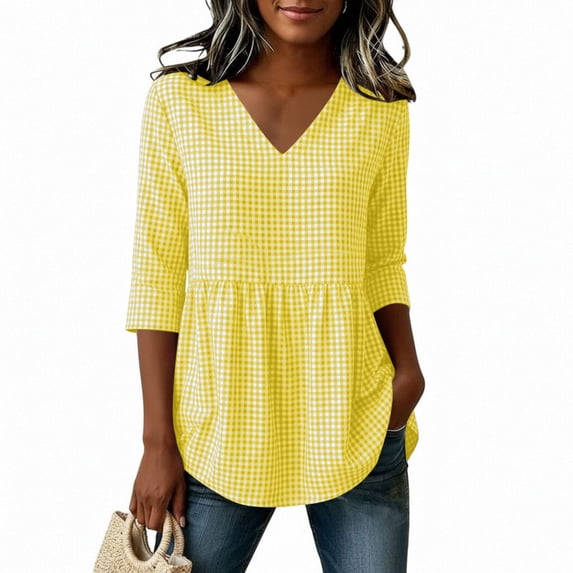 Qgtaibl Womens Plaid Babydoll Blouse Casual V Neck 3/4 Length Sleeve Cotton Shirts Loose Fit Flowy Pleated Tunic Tops Yellow XXL