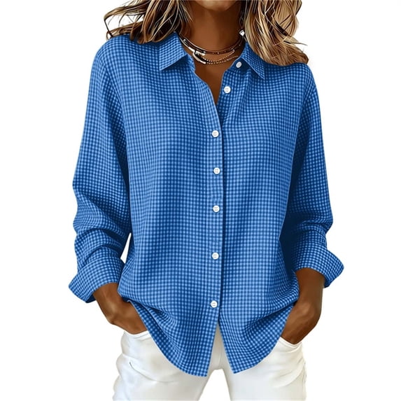 Qgtaibl Womens Plaid Blouses Loose Fit Long Sleeve Gingham Shirts Lapel Button Down Check Tunics for Work Daily Wear Navy S
