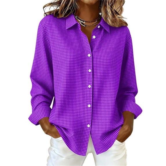Qgtaibl Womens Plaid Blouses Loose Fit Long Sleeve Gingham Shirts Lapel Button Down Check Tunics for Work Daily Wear Purple XXL