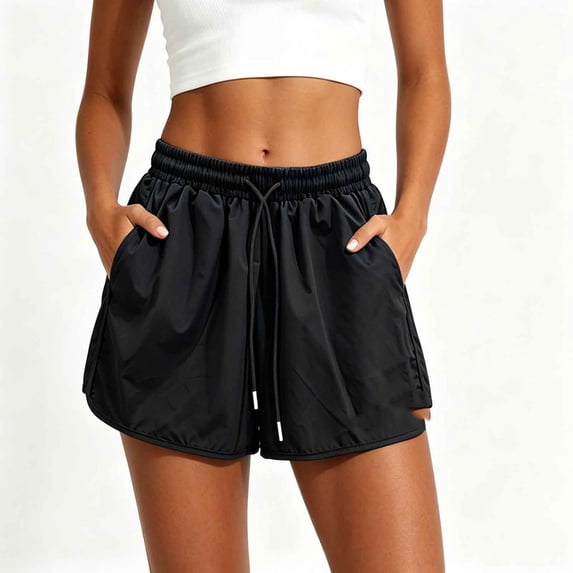 Qgtaibl Womens Plus Size Athletic Shorts Elastic Waist Drawstring Running Shorts with Pockets Summer Lightweight Loose Fit Workout Shorts for Gym Yoga Black L