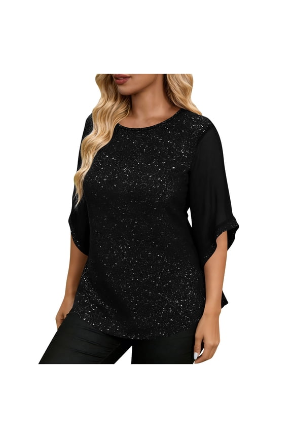 Womens Plus Size Glitter Shirts 3/4 Sleeve Chiffon Round Neck Blouse Cusual Loose Fit Flowy Party Tunic Tops Black M