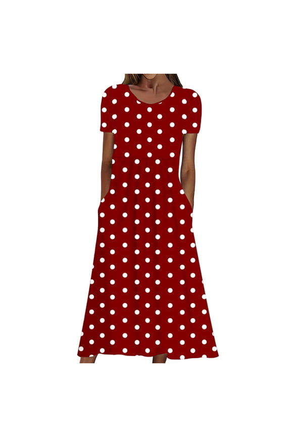 Womens Polka Dot Midi Dress Tummy Control Pleated Stretch Sundress with Pockets Short Sleeve Crew Neck Lounge Dresses Red XL