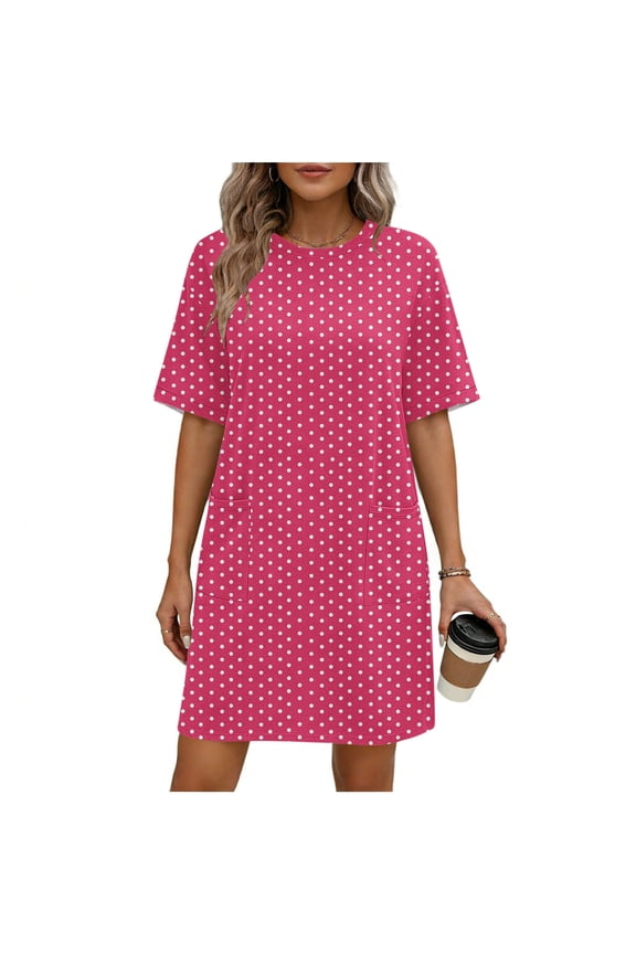 Womens Polka Dot Mini Dress Print Short Sleeve House Dress with Pockets Summer Loose Fit Beach Short Dresses Hot Pink XL