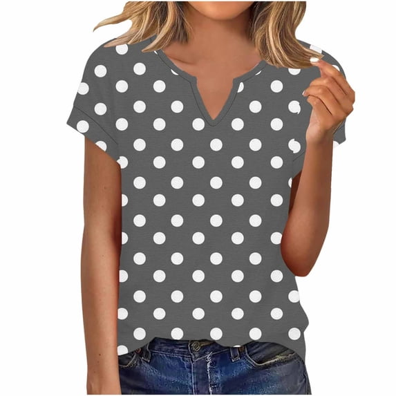Qgtaibl Womens Polka Dots Print T-Shirt Summer Short Sleeve V-Neck Tee Lightweight Casual Loose Fit Pullover Tops for Daily Gray XL