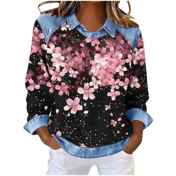 Qgtaibl Womens Pullover Tops Casual Waffle Knit Raglan Long Sleeve Lapel Shirts Denim Patchwork Loose Fit Leaf Print Blouse A Pink L