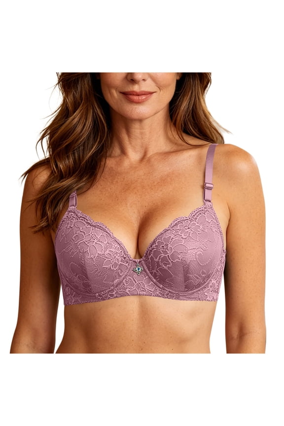 Womens Push Up Bra Lace Embroidery Shaping Underwire Bralette Sparkly Crystal Ornament Adjustable Straps Full Coverage Support Elegant Daily Lingerie Pink 40